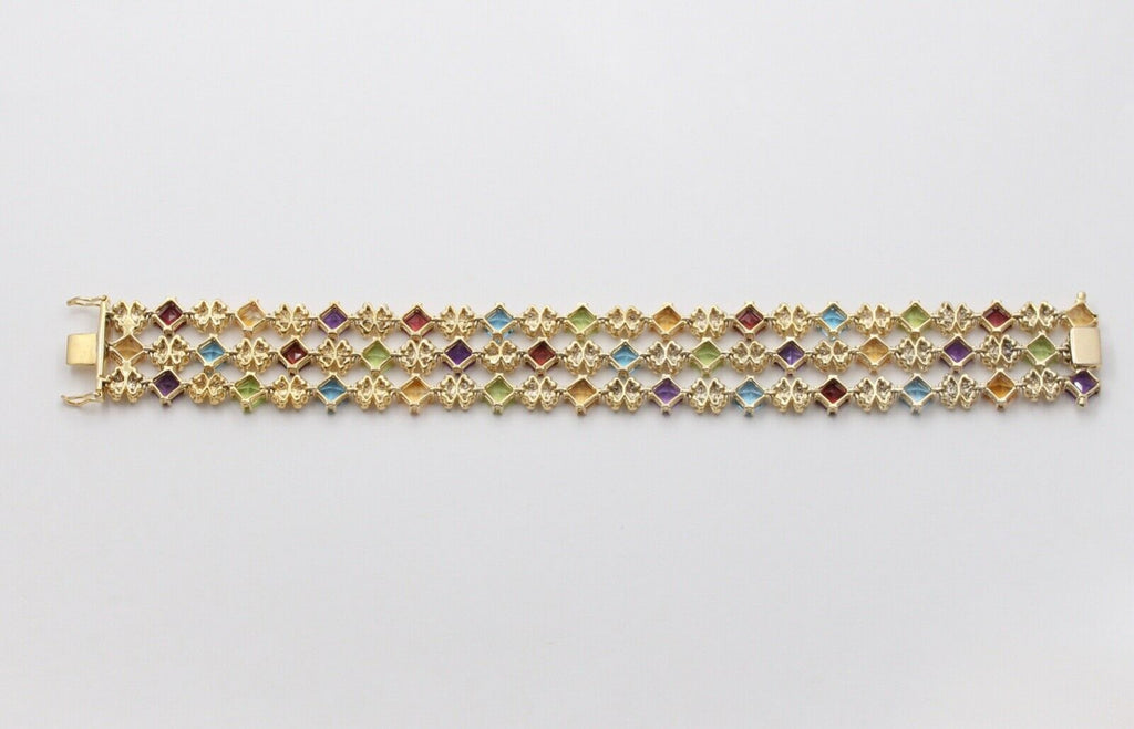 Estate Colorful 14K Yellow Gold Multi Color GemStones Three Layer Bracelet