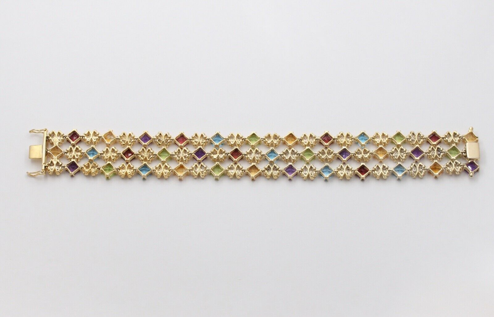 Estate Colorful 14K Yellow Gold Multi Color GemStones Three Layer Bracelet