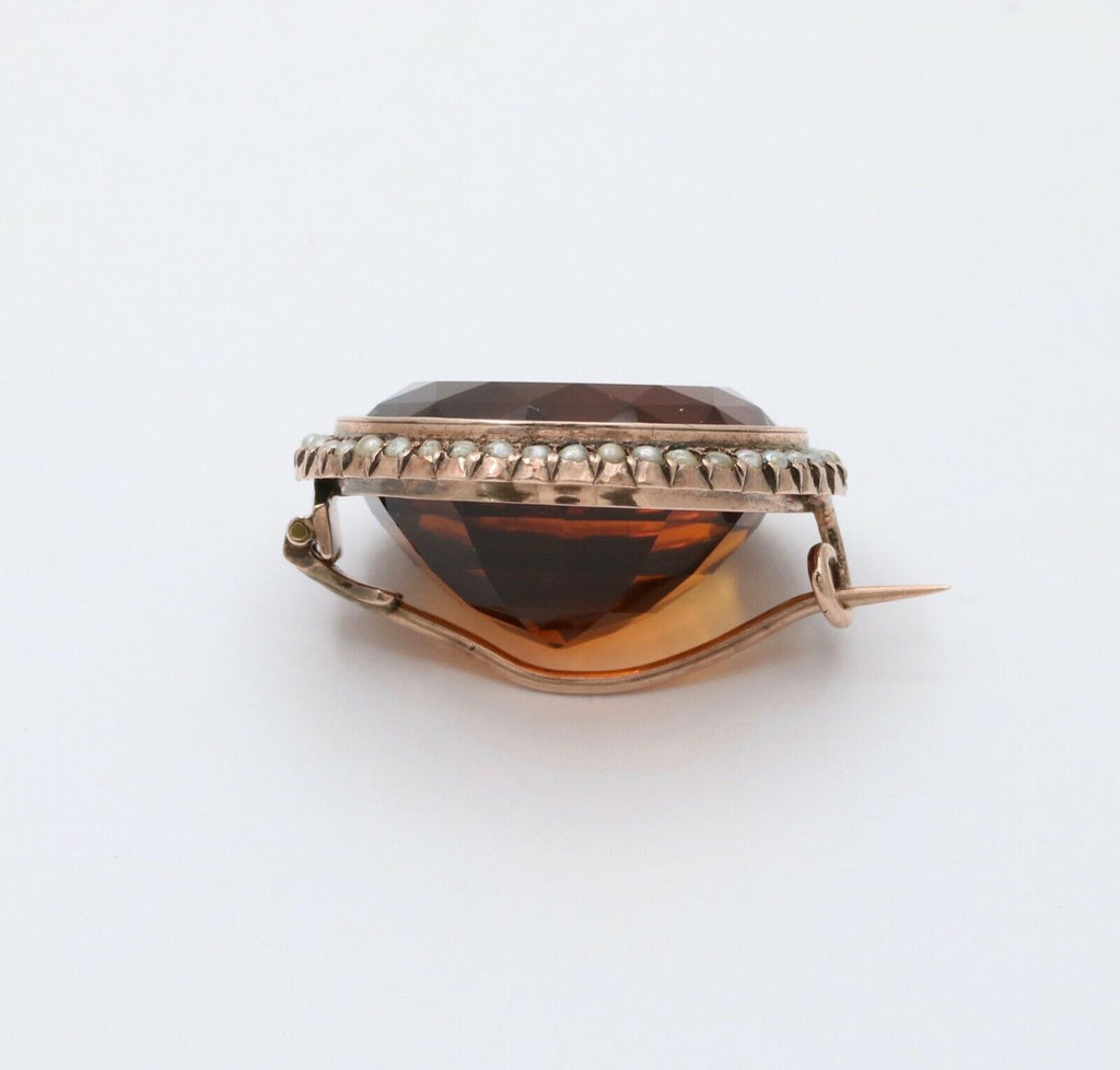 Vintage 14K Rose Gold Madeira Citrine Seed Pearl Halo Brooch.