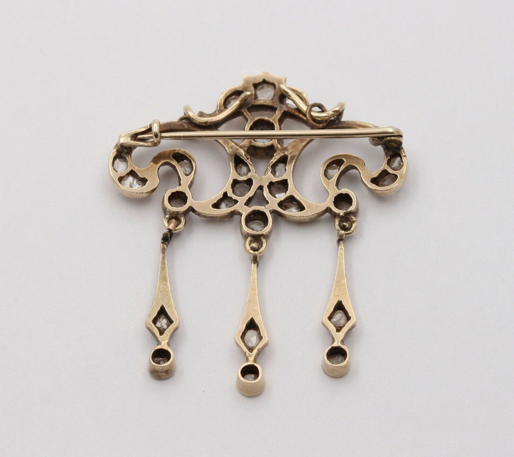Elegant Victorian Rose Cut Diamonds 14K Yellow Gold Brooch Pendant