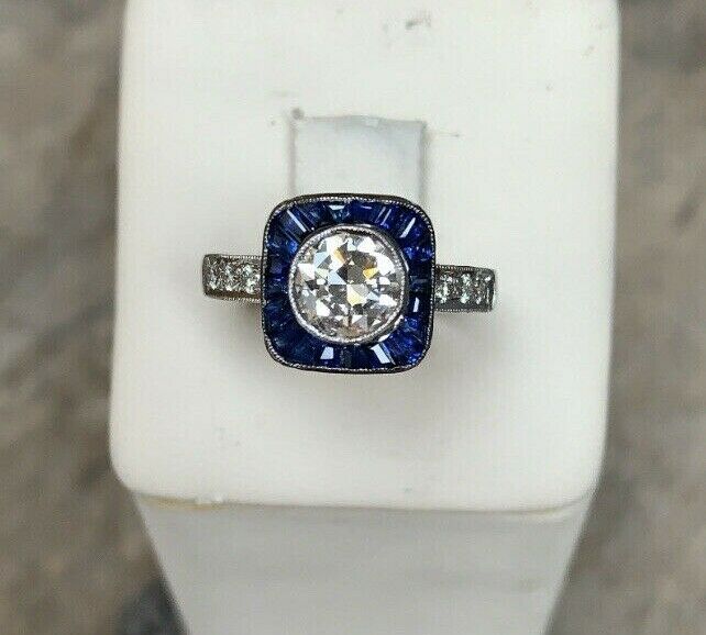 Vintage Art Deco Style 18K Gold Diamond & Sapphire Halo Ring, Engagement Ring.