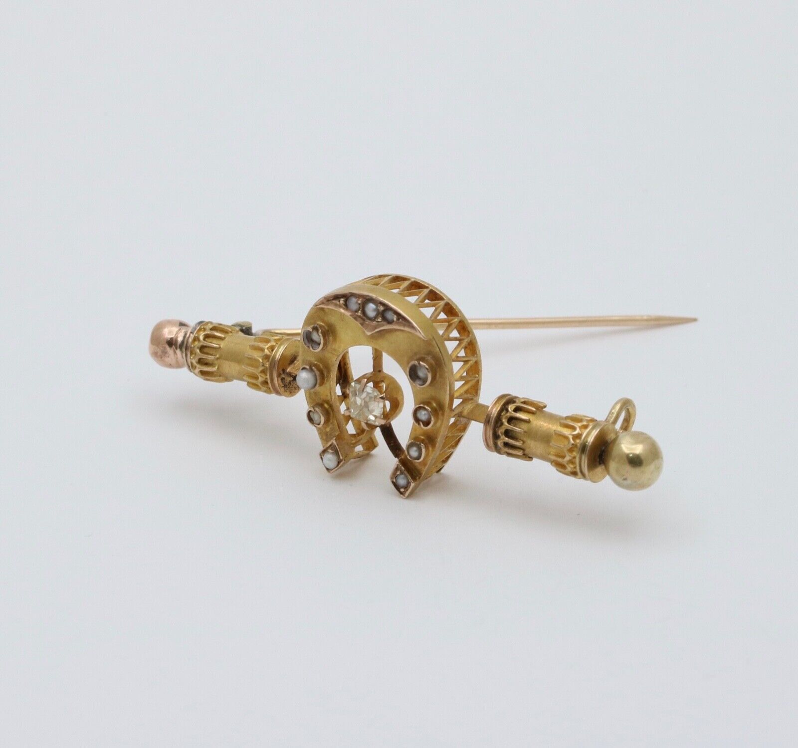 Victorian Era Russian Diamond Seed Pearls 16K Yelllow Gold Brooch Pin