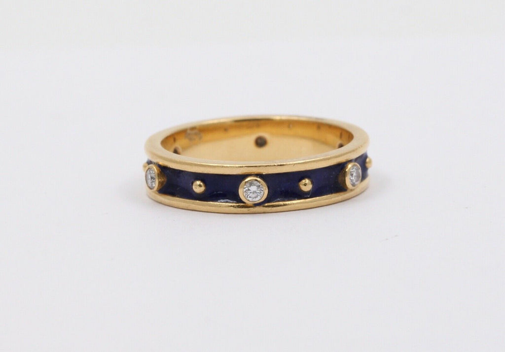 Vintage Ladies Diamonds 18K Yellow Gold Enamel Wedding Band Stacking Ring