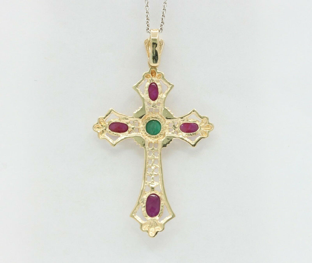 Vintage 14K Yellow Gold Emerald Ruby Portuguese Cross Pendant