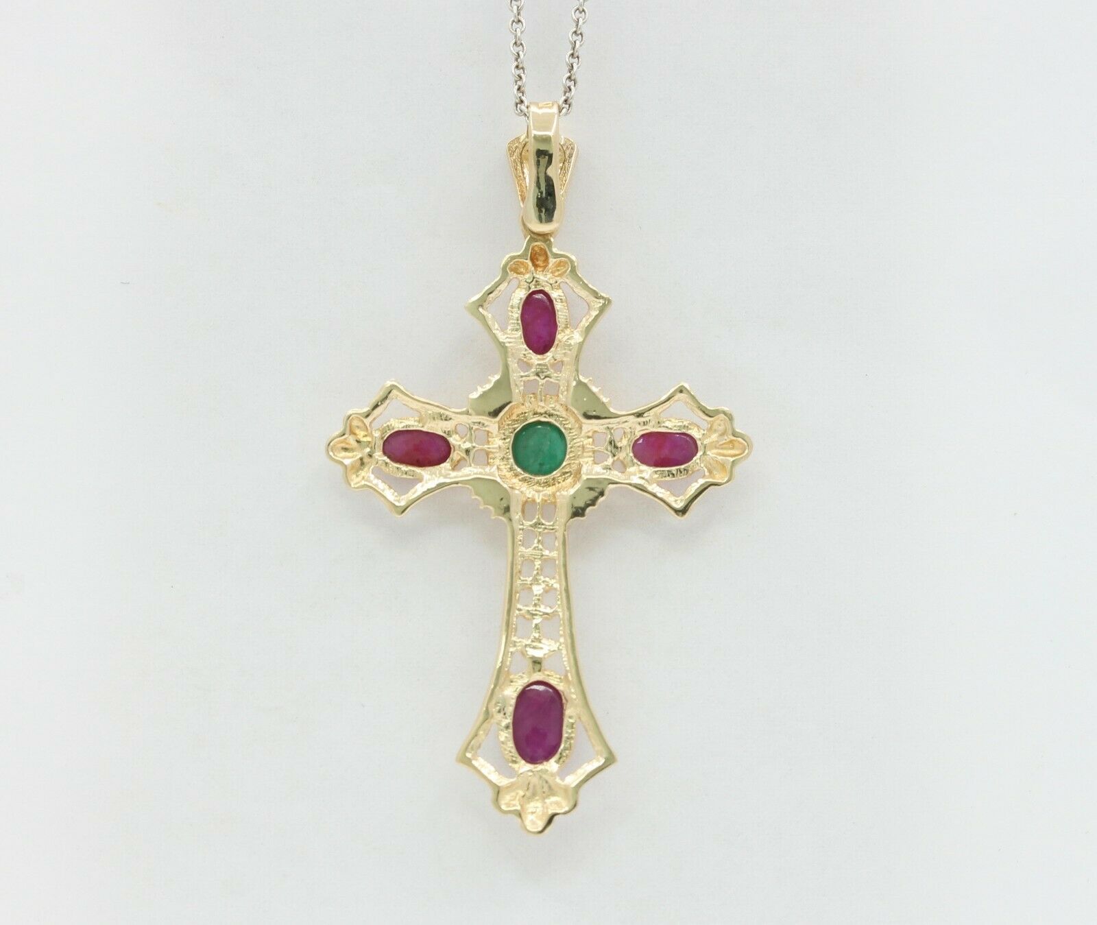 Vintage 14K Yellow Gold Emerald Ruby Portuguese Cross Pendant