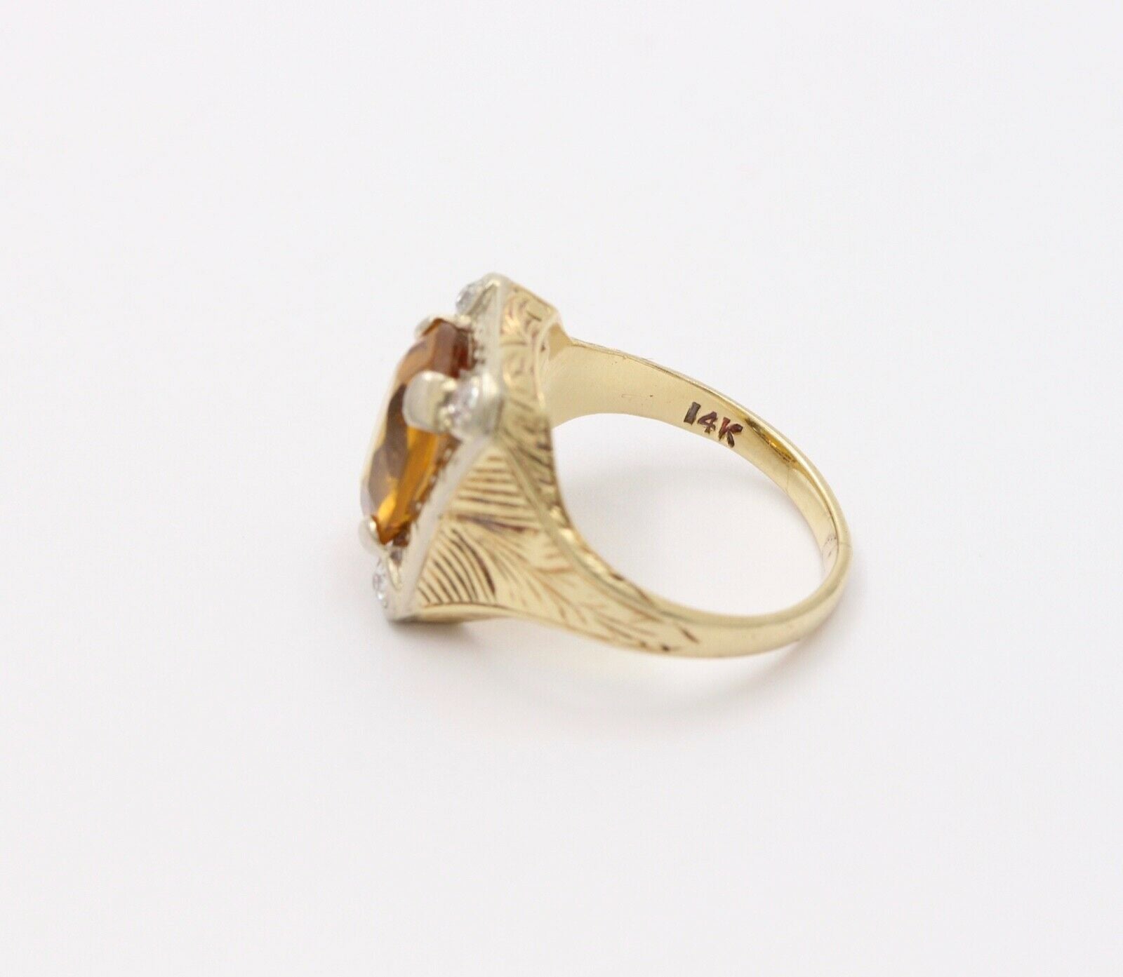 Art Deco Lemon Citrine Diamonds 14K Yellow White Gold Ring
