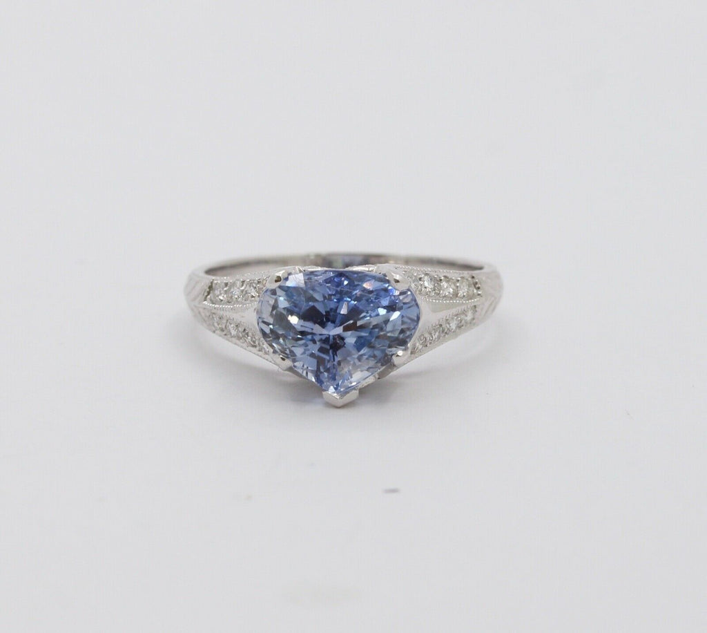 Uniquely Shaped Blue Sapphire and Diamonds 18K White Gold Ring