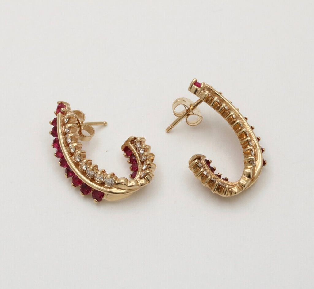 Vintage Retro 14K Gold Ruby and Diamond Huggie Earrings