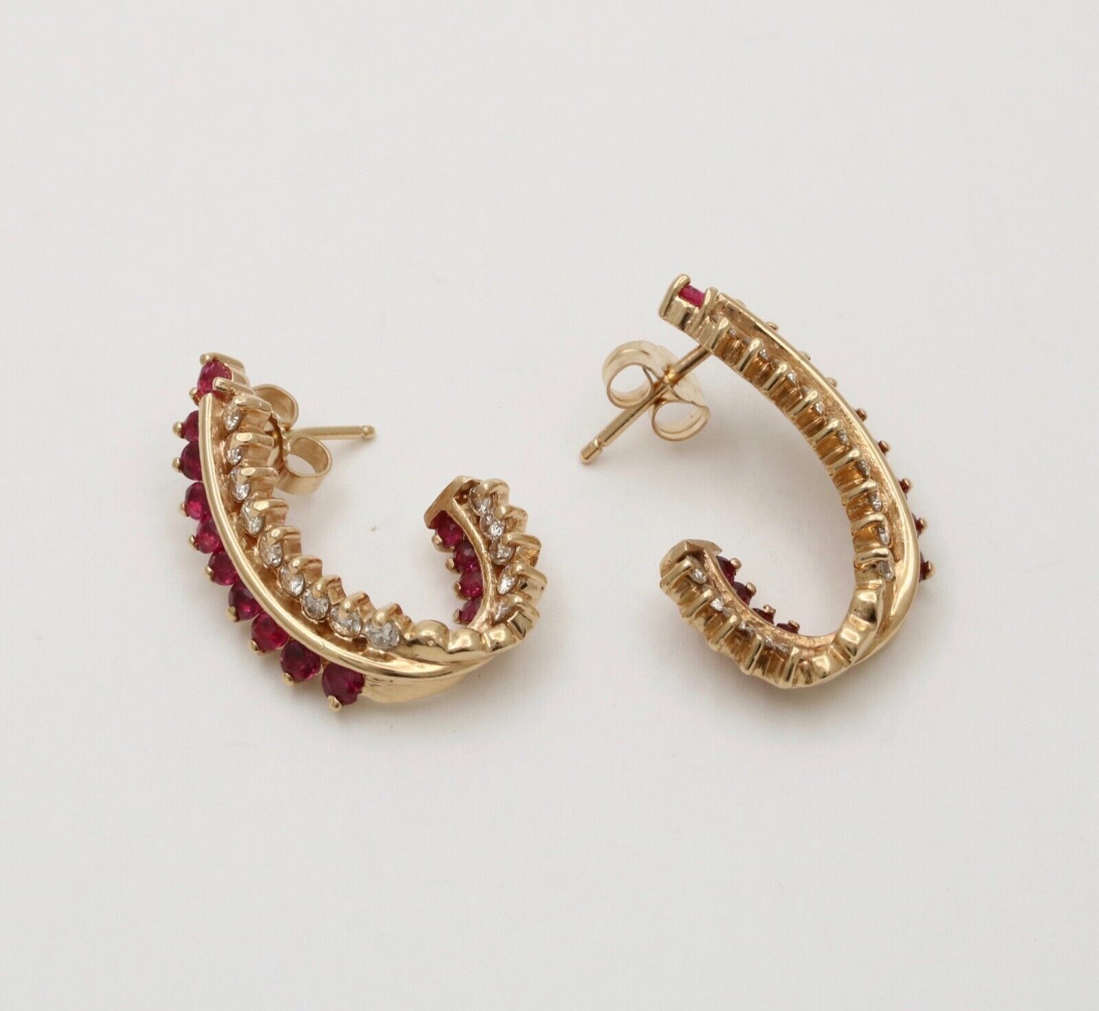 Vintage Retro 14K Gold Ruby and Diamond Huggie Earrings