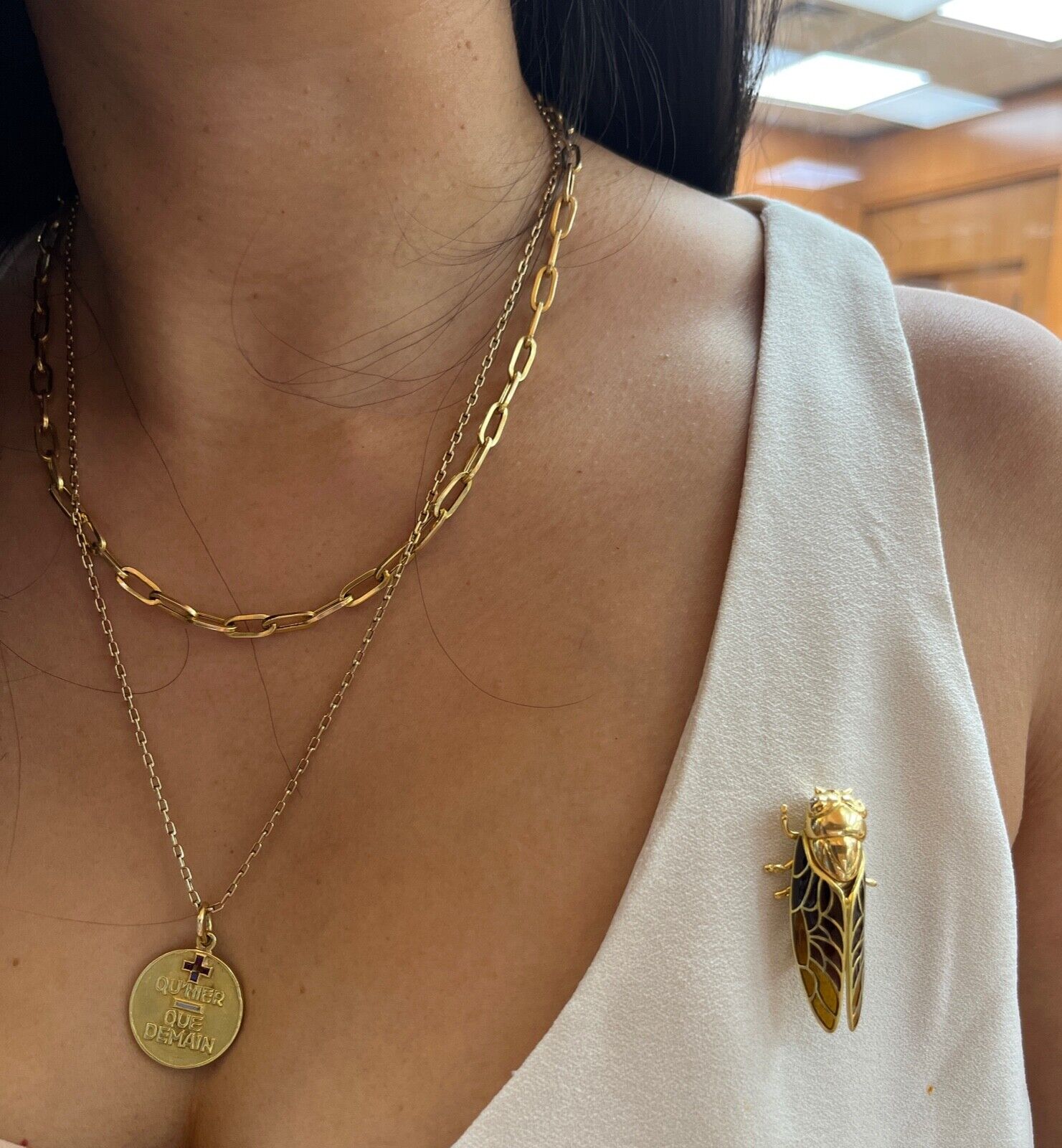 The Handcrafted 18K Yellow Gold Plique A Jour Cicada Diamond Brooch.