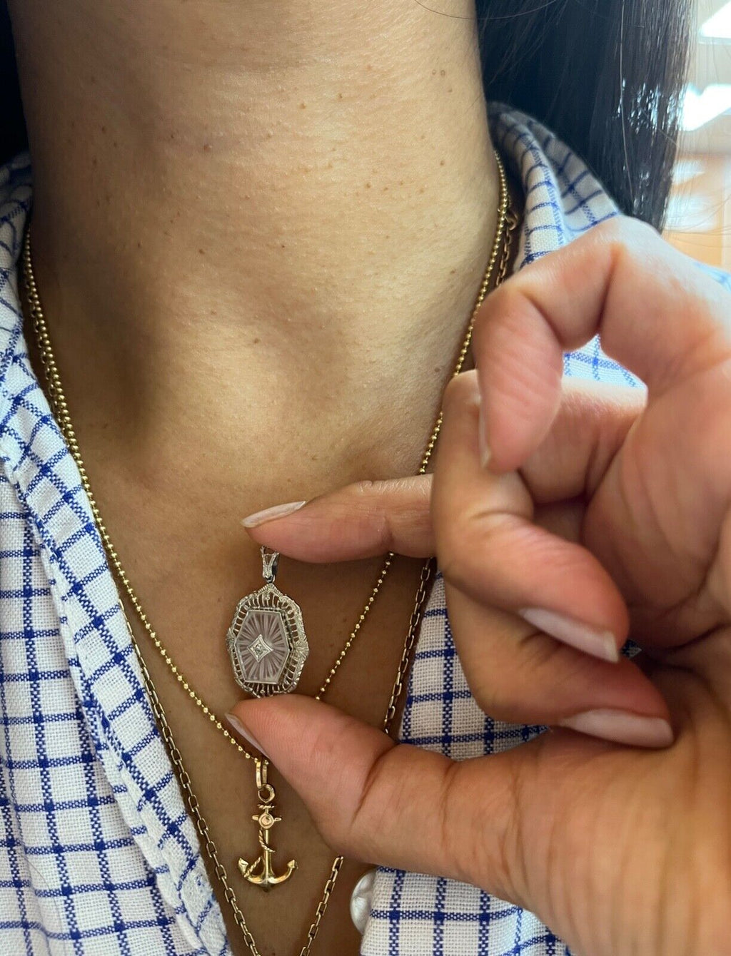 Art Deco 10K Gold Camphor Glass Diamond Pendant.