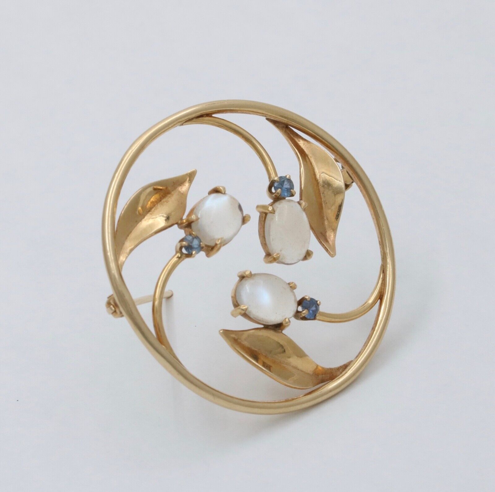 Vintage Moonstones Sapphires 14K YG Flower Brooch
