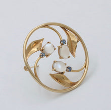 Load image into Gallery viewer, Vintage Moonstones Sapphires 14K YG Flower Brooch
