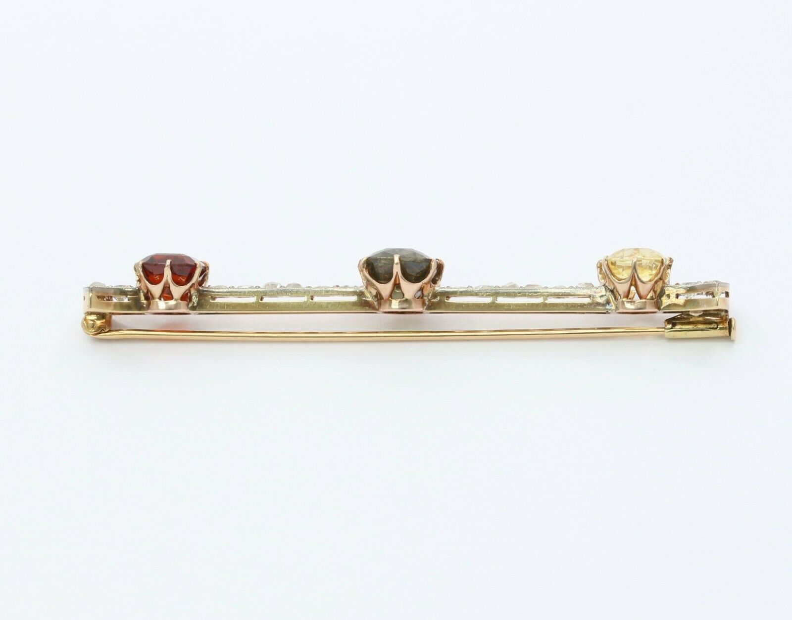 Edwardian 18K Yellow Gold Multi Colored Garnet Rose Cut Diamond Brooch