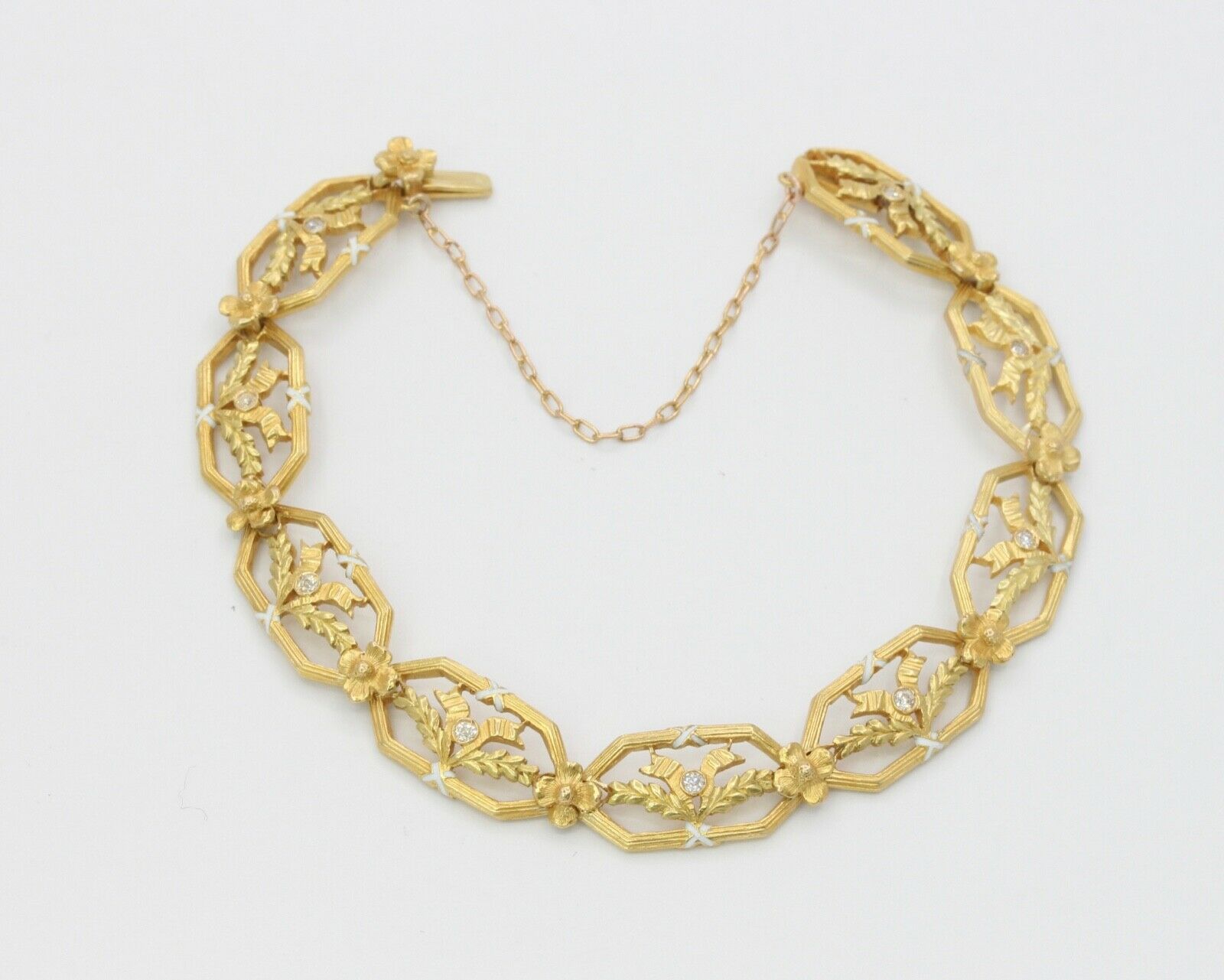 Art Nouveau Ladies 14K Enamel Leaves Ribbon Bracelet