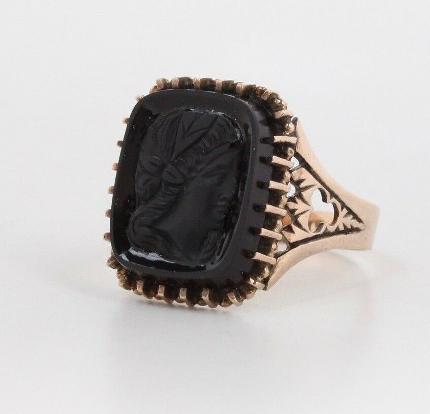 Vintage Onyx Intaglio Men's Ladies Unisex Portrait 10K Yellow Gold Ring