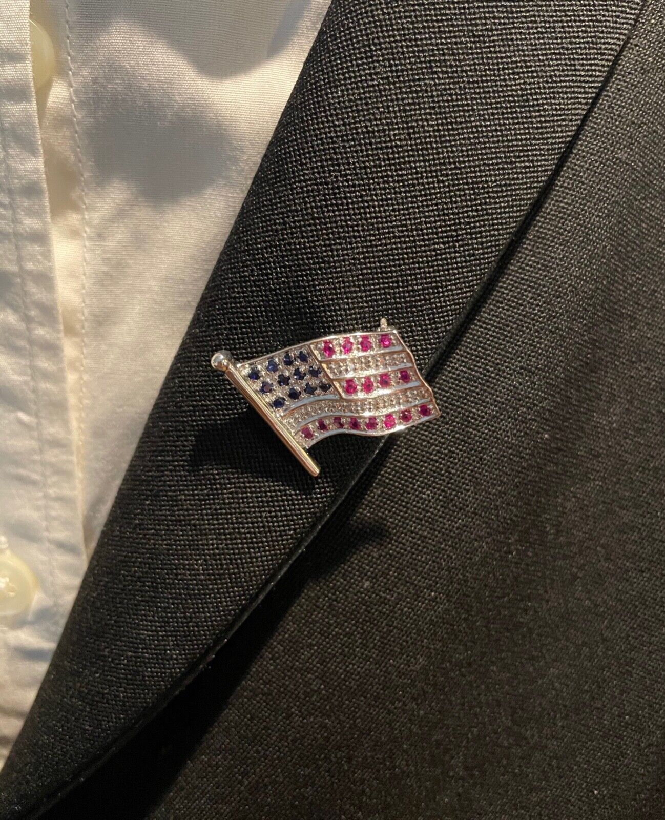 Classic 14K White Gold And Diamond American Flag, 4th of July Brooch, Pin.