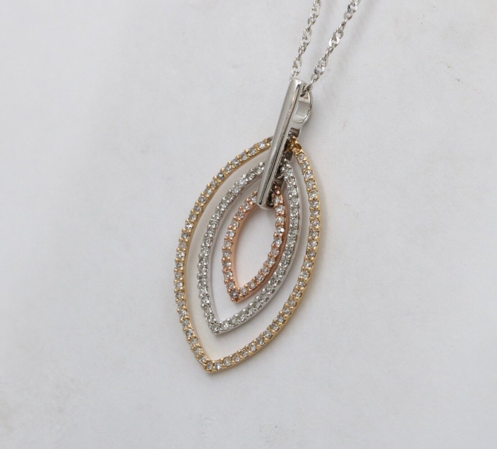 Minimal 14K Tri Color Gold Diamond Leaf Pendant, Charm