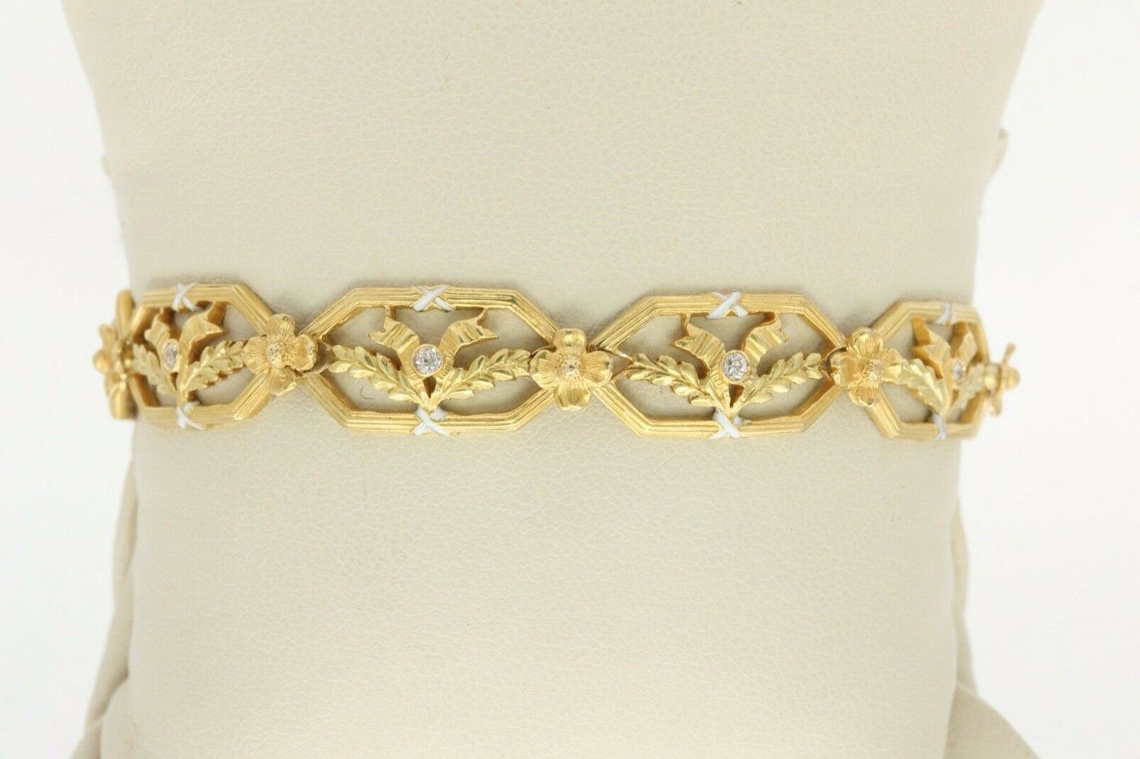 Art Nouveau Ladies 14K Enamel Leaves Ribbon Bracelet