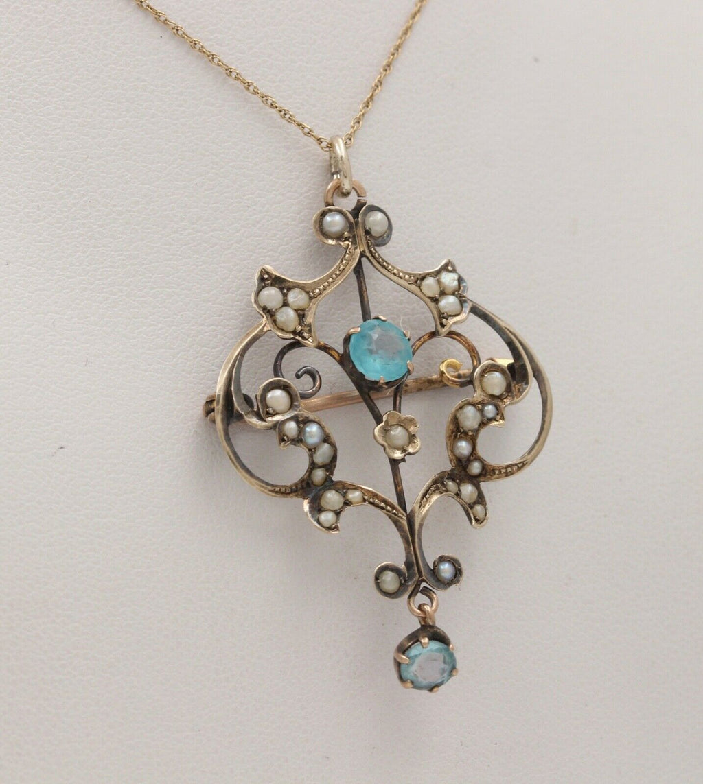 Art Nouveau 10K Yellow Gold Blue Zircon Seed Pearls Pendant Brooch