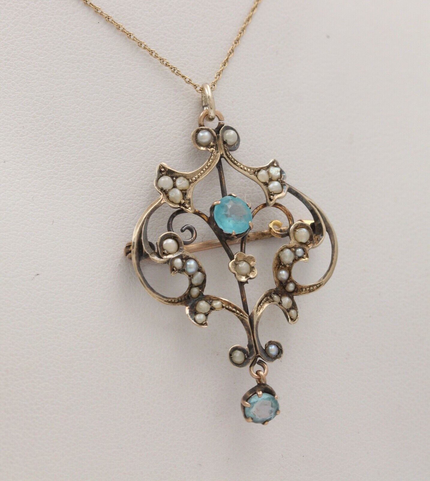 Art Nouveau 10K Yellow Gold Blue Zircon Seed Pearls Pendant Brooch