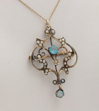 Load image into Gallery viewer, Art Nouveau 10K Yellow Gold Blue Zircon Seed Pearls Pendant Brooch
