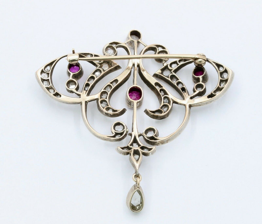 Edwardian 18K & Silver Diamond Ruby Brooch
