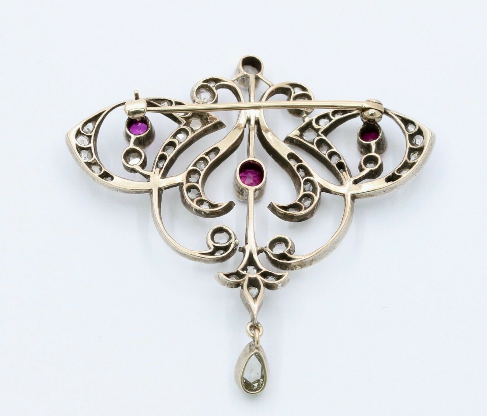 Edwardian 18K & Silver Diamond Ruby Brooch