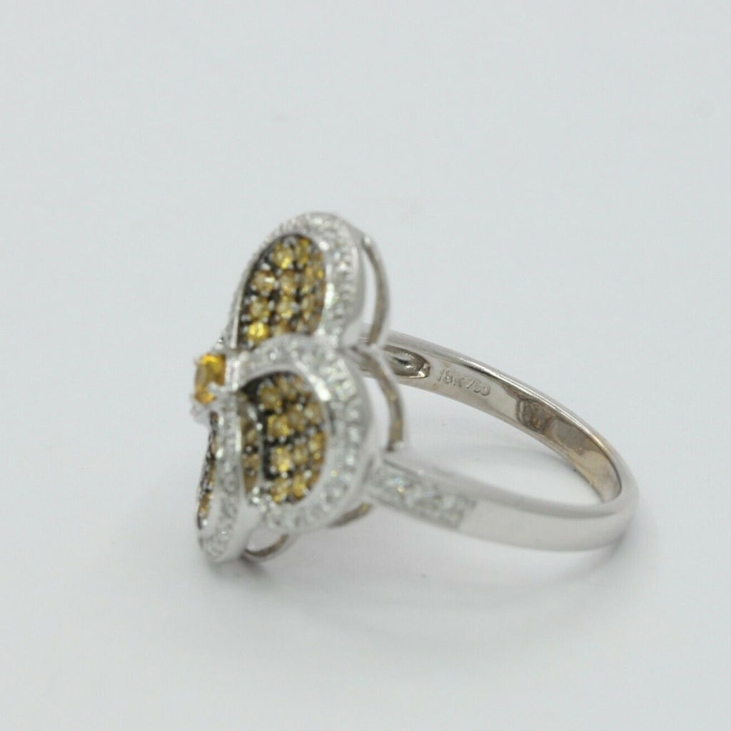 Vintage 18K White Gold Yellow & White Diamond Four Leaf Ring