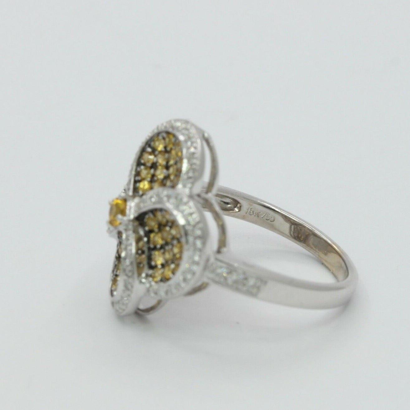 Vintage 18K White Gold Yellow & White Diamond Four Leaf Ring
