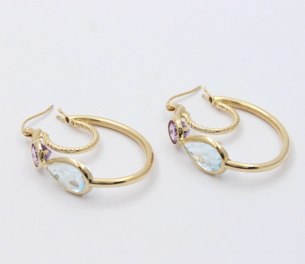 Minimalist 14K Yellow Gold Blue Topaz & Amethyst Huggie Earrings.