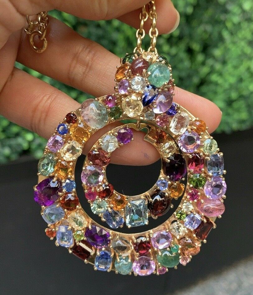 Funky Vintage Multi-Color Gem Stones Large Disc Pendant, Necklace .