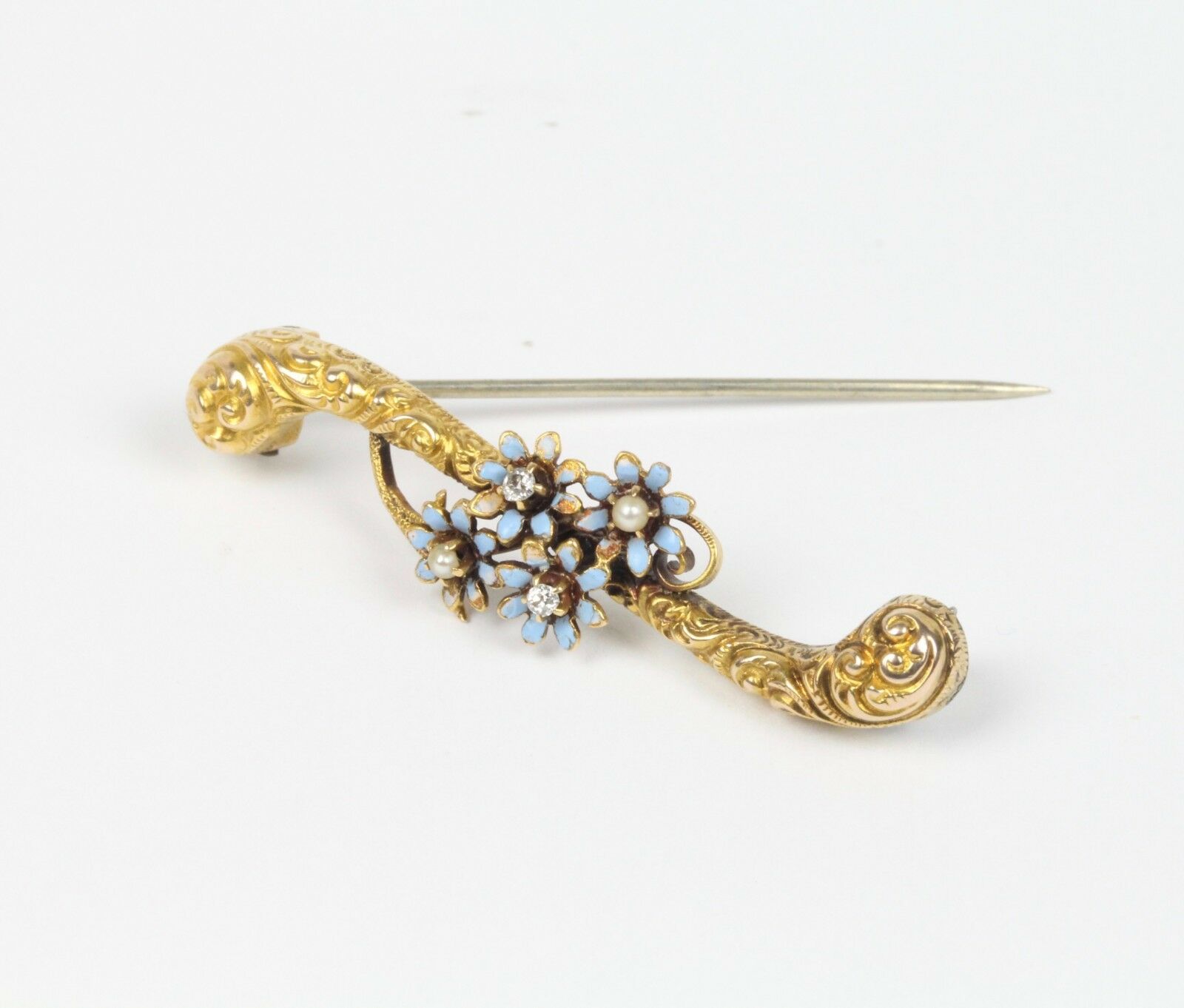 Victorian 14K Yellow Gold Enamel Forget Me Not Floral Brooch