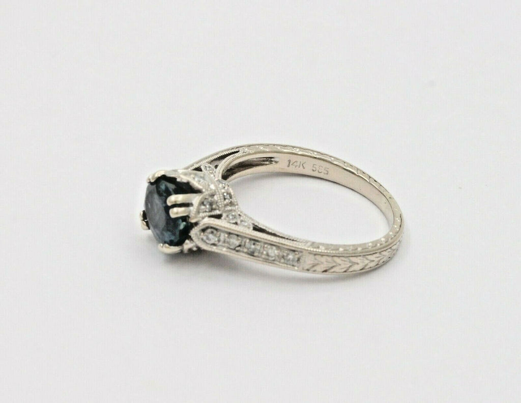 Vintage Art Deco Inspired 14K White Gold Sapphire Diamond Alternative Engagement Ri