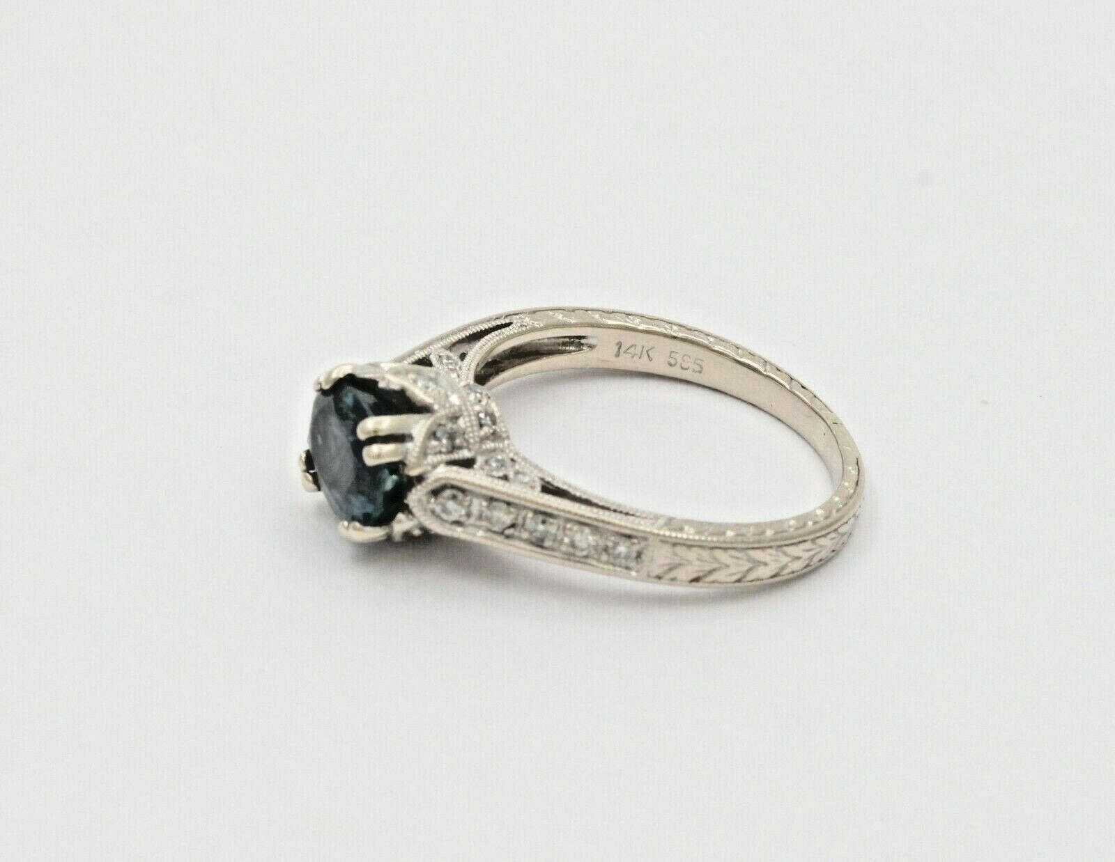 Vintage Art Deco Inspired 14K White Gold Sapphire Diamond Alternative Engagement Ri