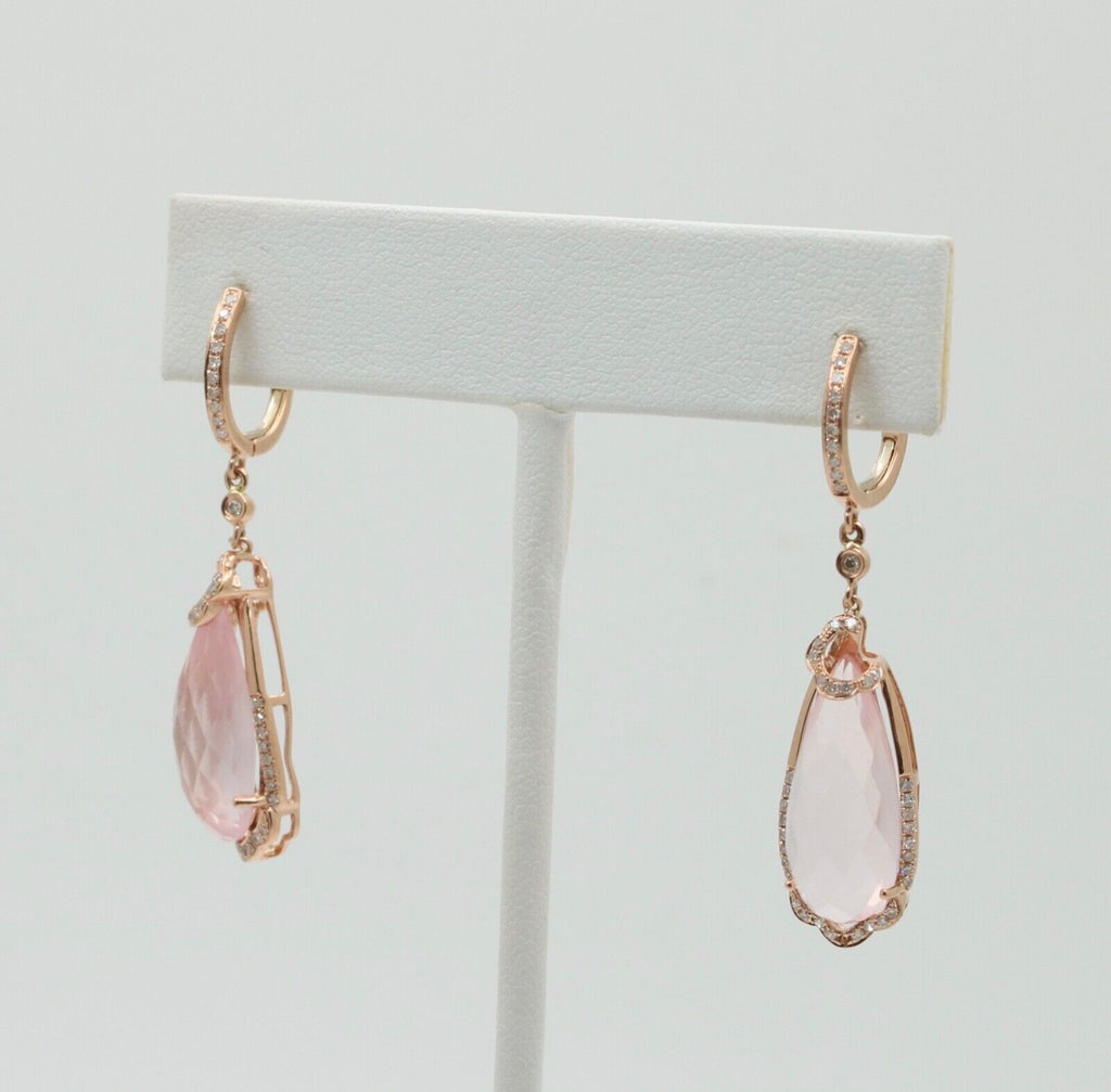 Lovely 14K Rose Gold Pink Quartz & Diamond Drop Earrings.
