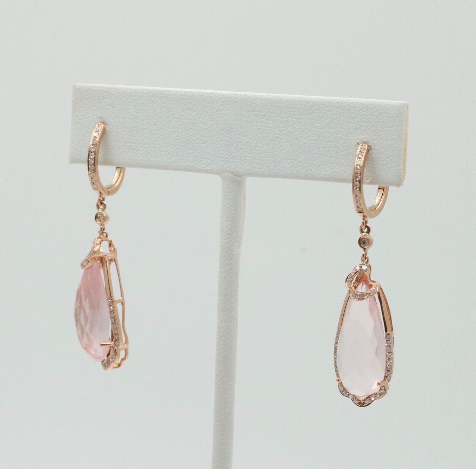Lovely 14K Rose Gold Pink Quartz & Diamond Drop Earrings.