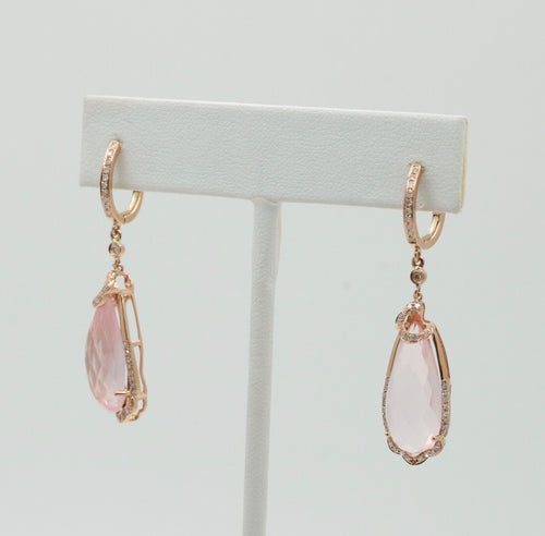Lovely 14K Rose Gold Pink Quartz & Diamond Drop Earrings.