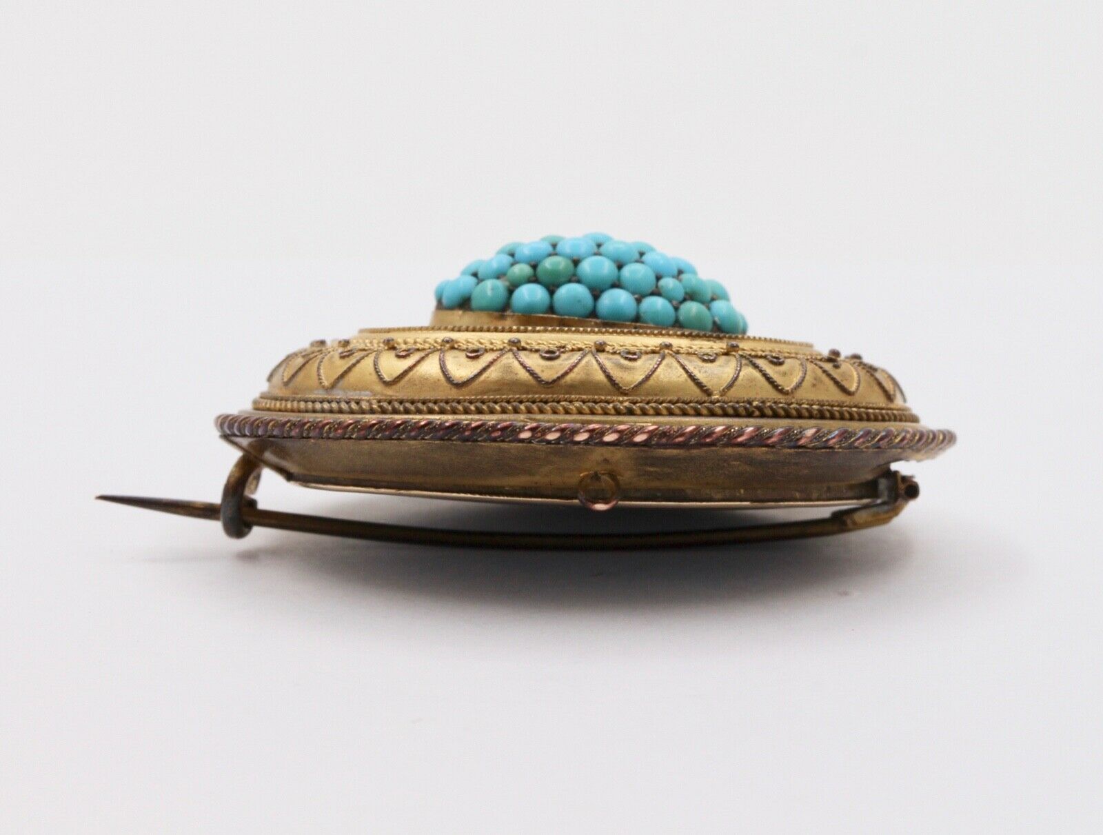 Victorian Etruscan Revival Turquoise 10K Yellow Gold Brooch Pendant Momento