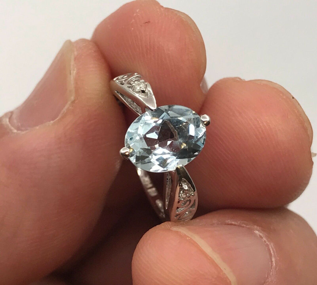 Vintage Ladies Natural Aquamarine Diamonds 14K White Gold Ring