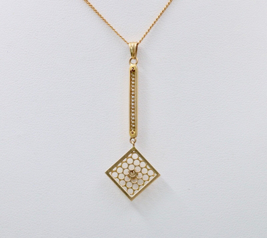 Edwardian Diamond & Pearl Lavaliere Pendant, Antique 10k Yellow Gold Necklace