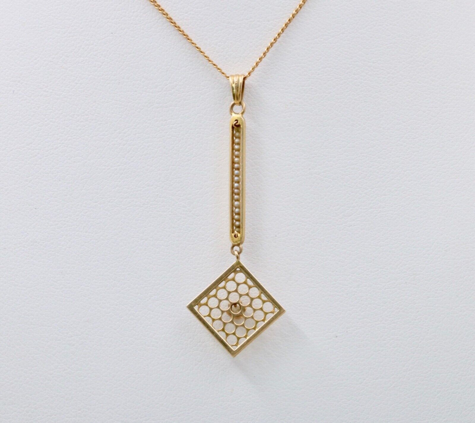 Edwardian Diamond & Pearl Lavaliere Pendant, Antique 10k Yellow Gold Necklace