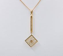 Load image into Gallery viewer, Edwardian Diamond &amp; Pearl Lavaliere Pendant, Antique 10k Yellow Gold Necklace
