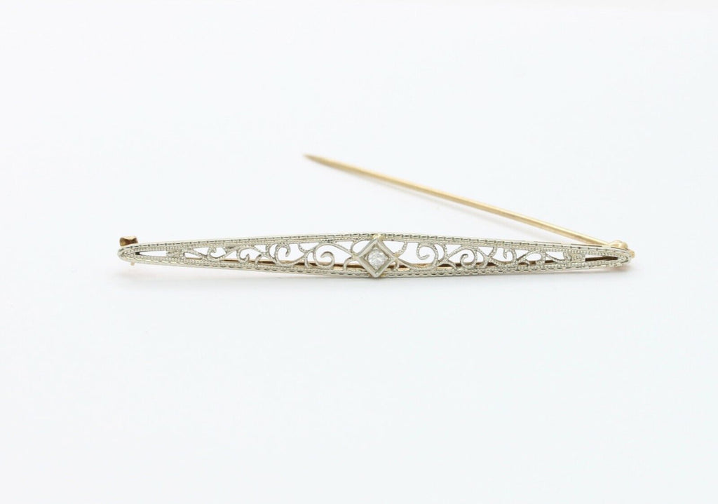Art Deco 14K White Gold Diamond Filigree Brooch