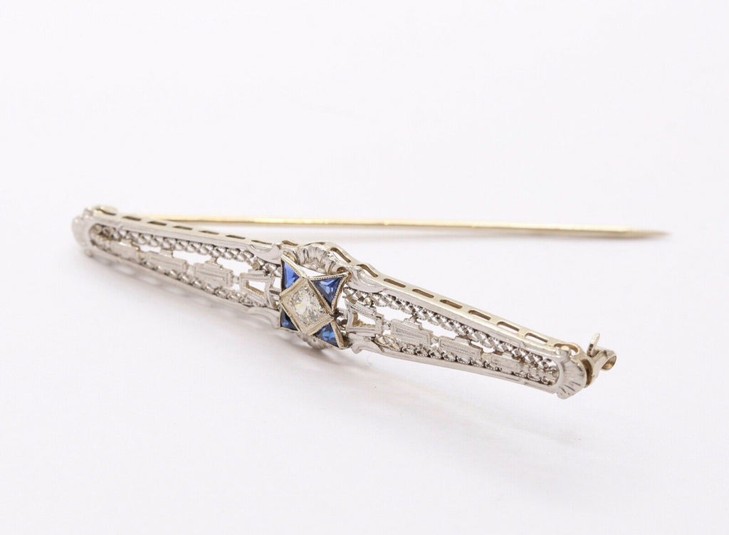 Art Deco Diamond Sapphires 14K White Gold Bar Pin Brooch