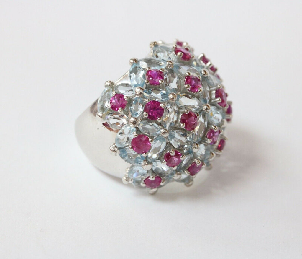 Large Statement Aquamarines Rubies 18K White Gold Dome Ring