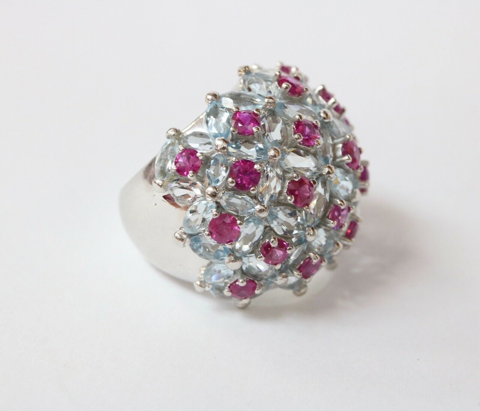 Large Statement Aquamarines Rubies 18K White Gold Dome Ring