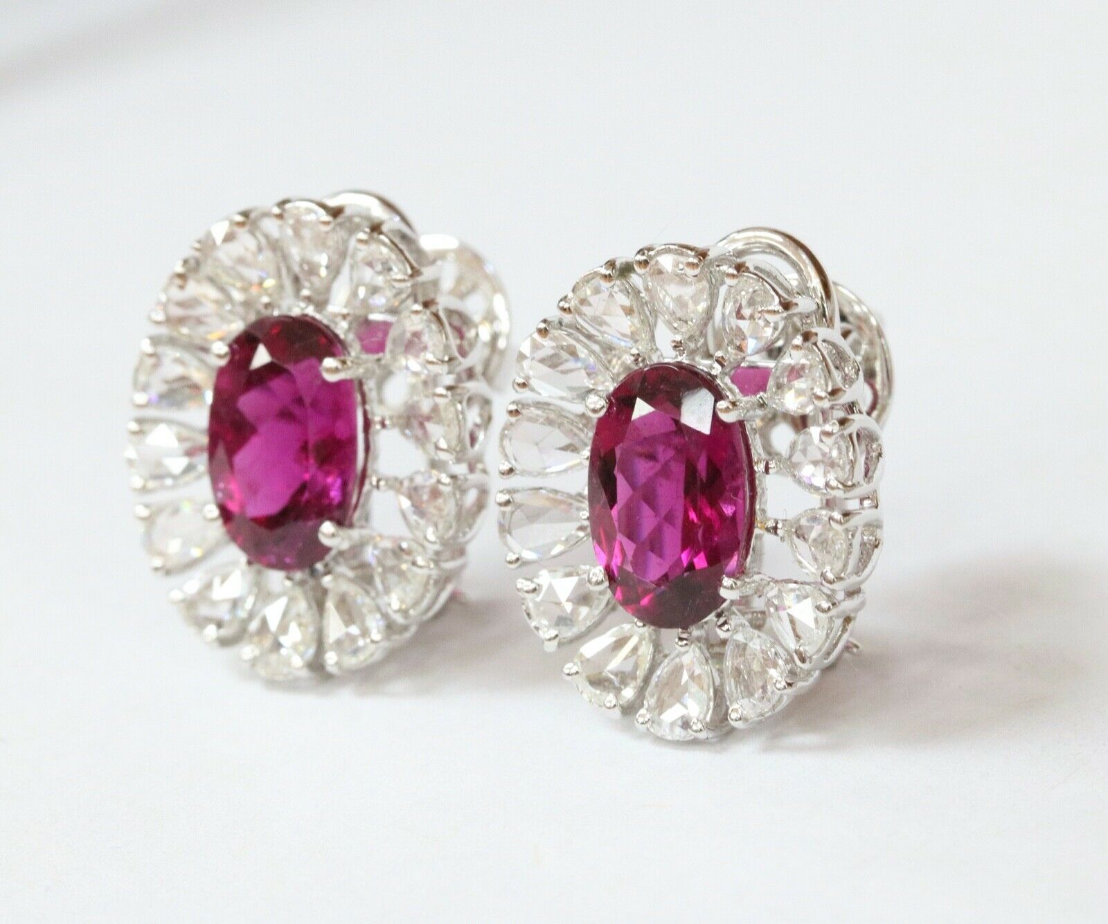 Pink Tourmaline Rose Cut Diamonds 18K White Gold Earrings