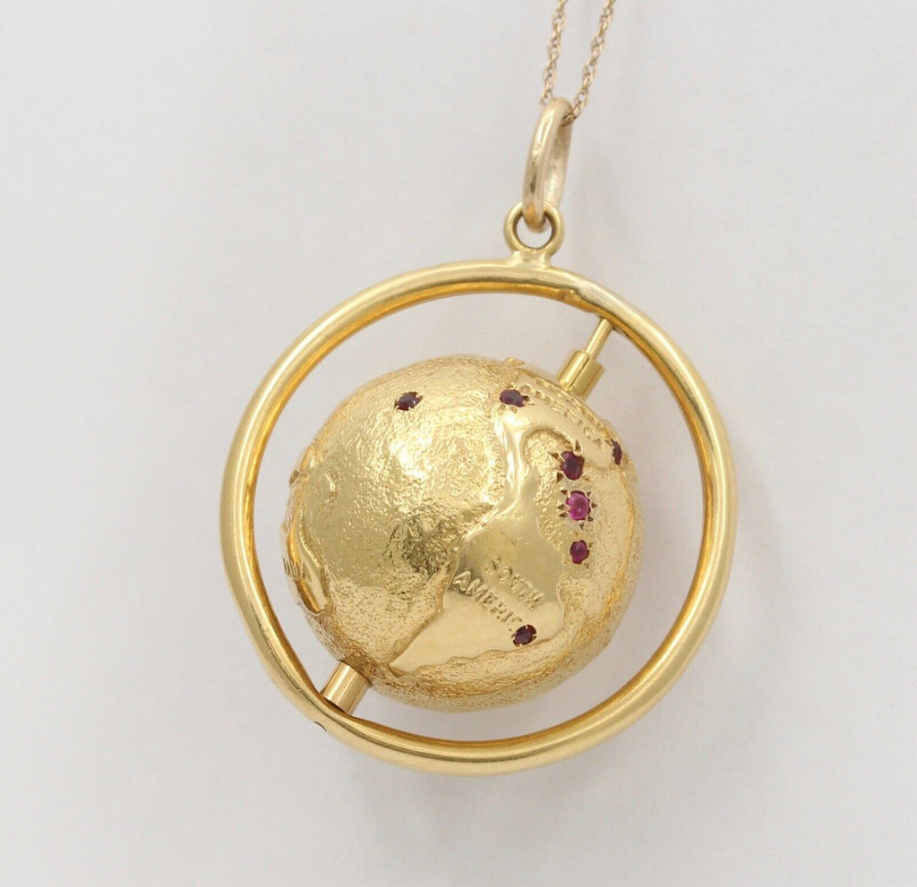 Vintage Spinning Globe Rubies 14K Yellow Gold Pendant Charm