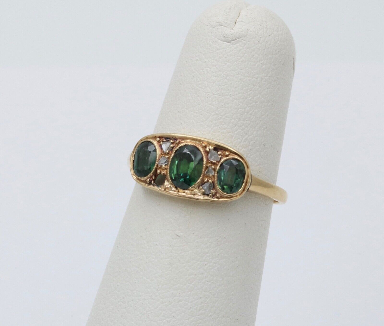 Antique Edwardian 18K Gold Three Green Tourmaline Diamond Ring, Ring Band.